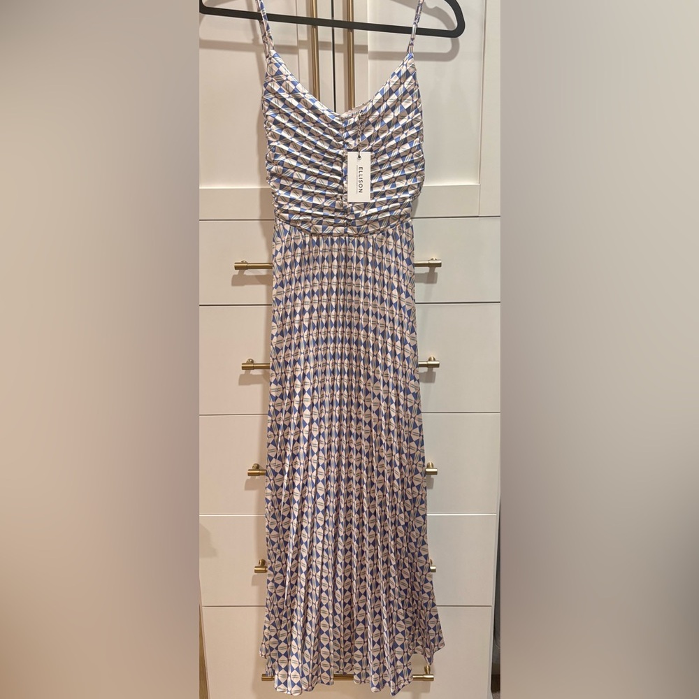 NWTs Ellison Blue and White Maxi Dress with Peekaboo back